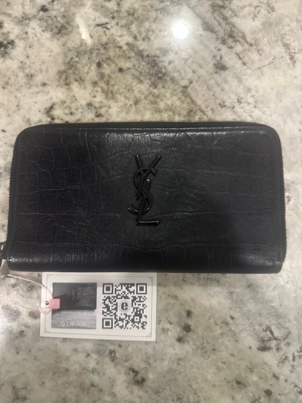 Saint Laurent Black Croc-Embossed Zip Around Wallet with YSL Logo - Picture 2 of 12
